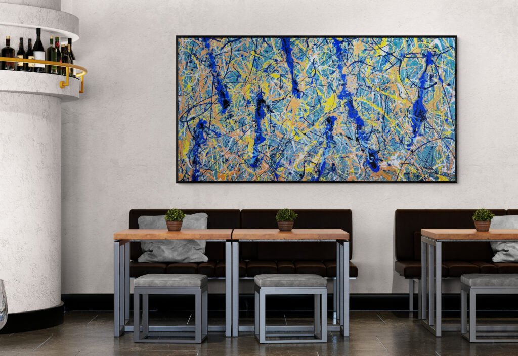 Number 11 painting displayed in a stylish bar interior, blending its vibrant abstract style with the sophisticated atmosphere