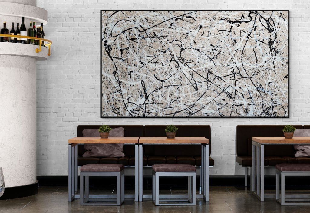 Number 4 – Jackson Pollock Style Soft Sand canvas decorating a cozy bar interior with rustic elements