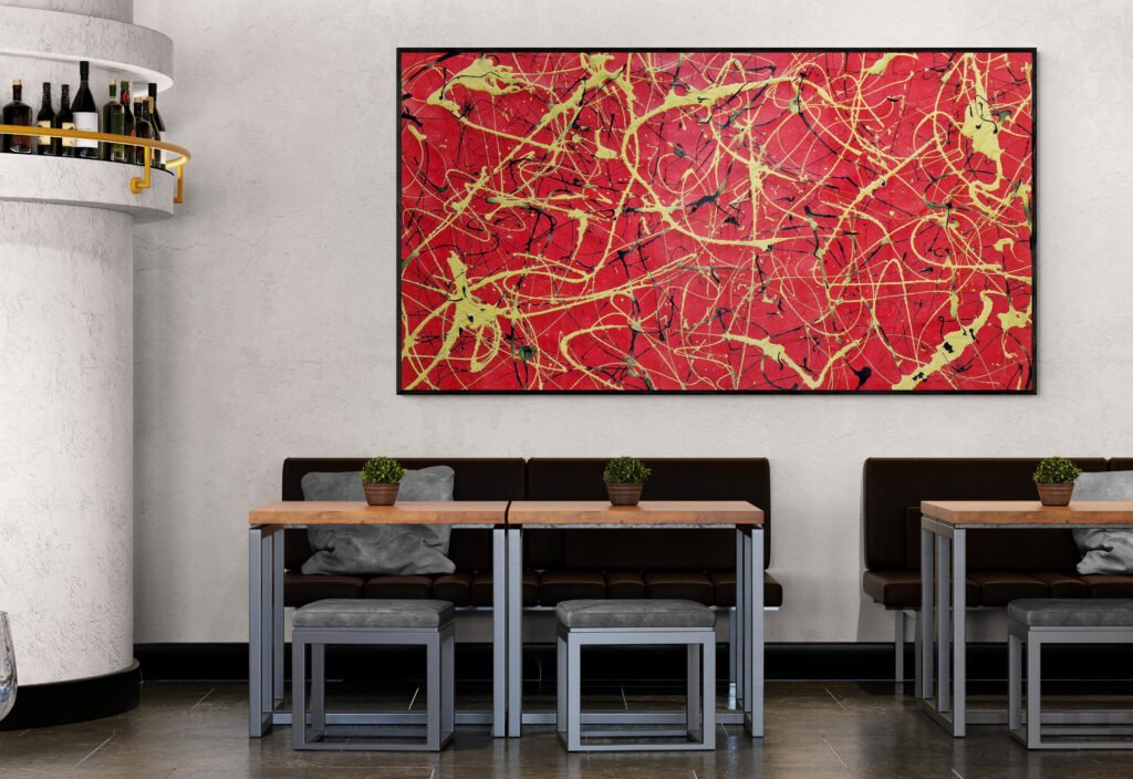 Jackson Pollock Style red and yellow canvas, Number 13, displayed in a cozy bar interior, adding artistic flair to the space