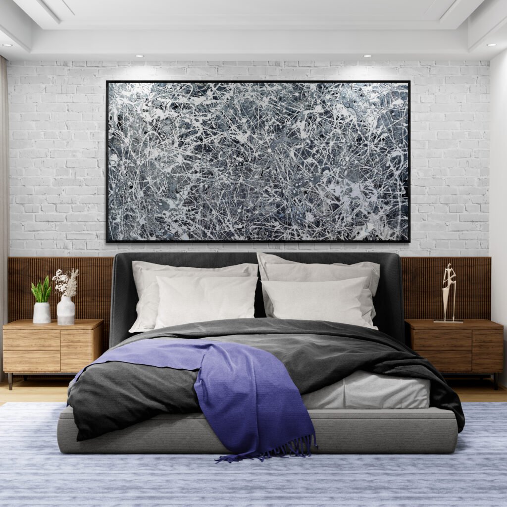 Number 30 - Jackson Pollock Style Monochrome Abstract Painting above a modern bed with neutral tones, creating a serene yet dynamic bedroom atmosphere.