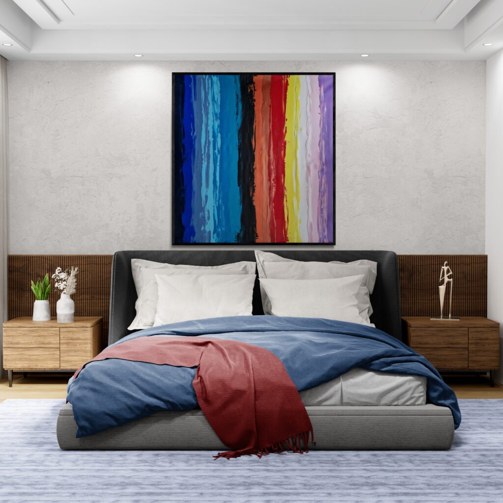 The M21 artwork as the centerpiece of a luxurious bedroom, creating a colorful focal point amidst neutral and warm decor