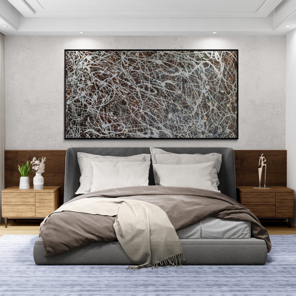 Number 15 – Abstract Brown and White Canvas as a centerpiece in a modern bedroom with soft lighting and neutral decor