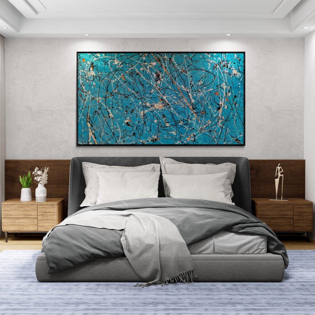 Number 26, abstract Jackson Pollock Style Turquoise piece, illuminating a contemporary bedroom with spotlights and luxury decor