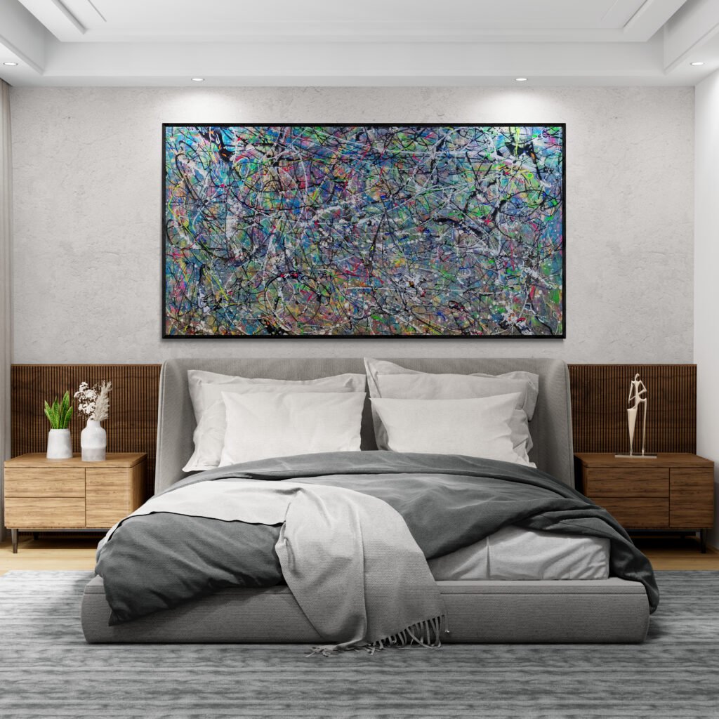 Number 90 - Dynamic Artwork Above a Stylish Bed: A colorful, vibrant abstract canvas mounted above a modern bed with gray linens and wooden side tables, adding energy and sophistication to the bedroom