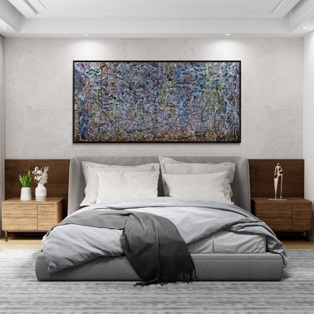 Bold and vibrant abstract artwork enhancing the atmosphere of an elegant bedroom with spotlights and neutral tones