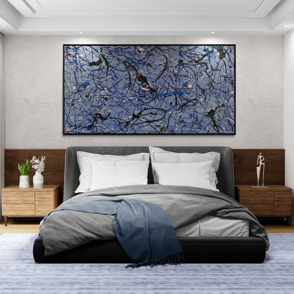 Number 14 – Blue abstract canvas in Jackson Pollock style complementing a modern bedroom with elegant furniture