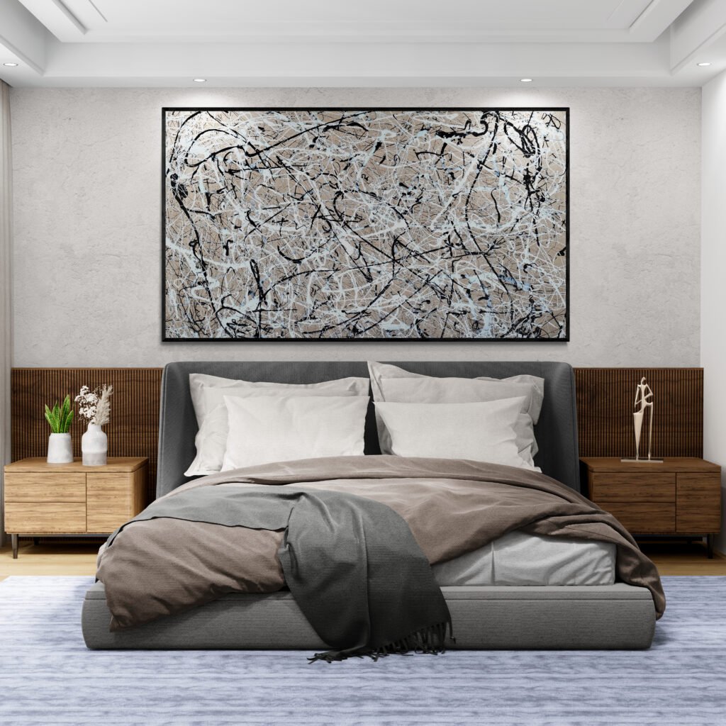 Number 4 – Jackson Pollock Style Soft Sand abstract canvas adorning a stylish bedroom with spotlights