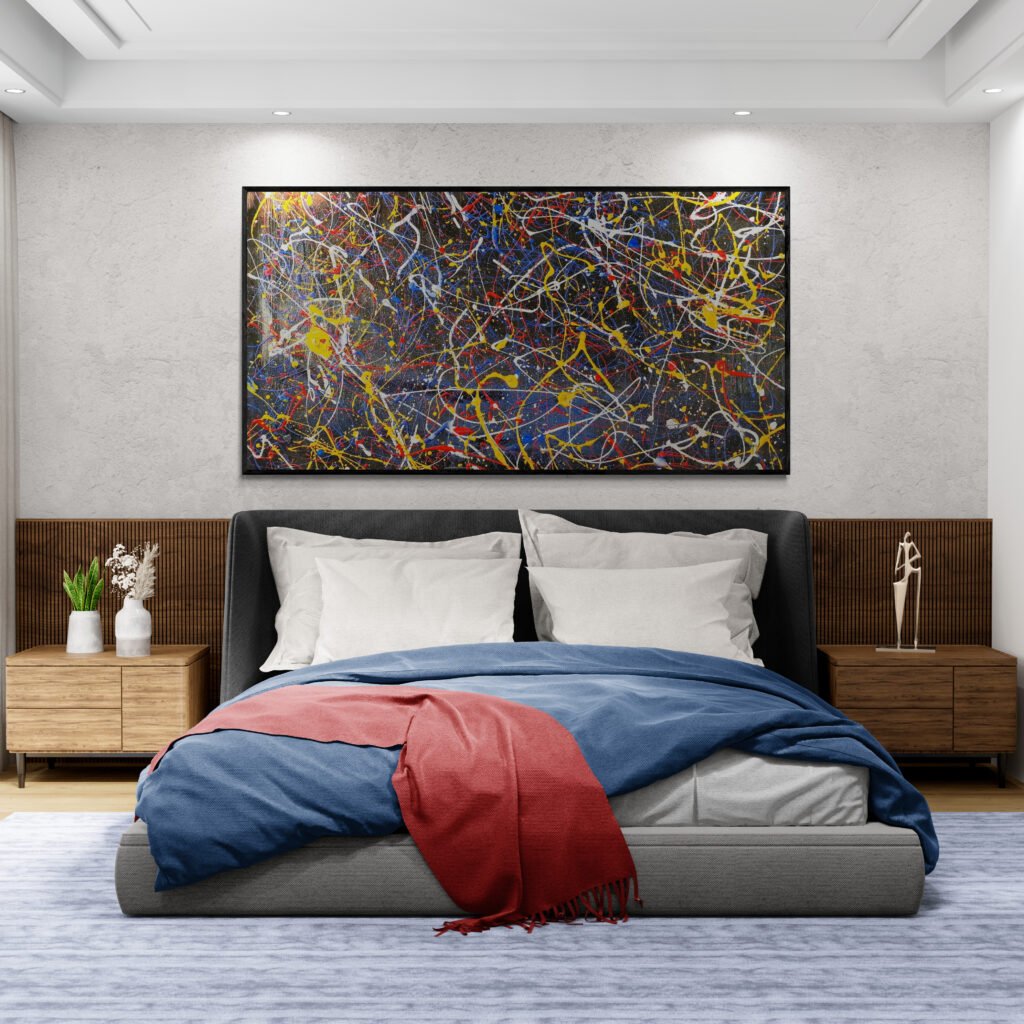 Number 45 – Jackson Pollock style painting hanging above a contemporary bed in a stylish bedroom with neutral tones