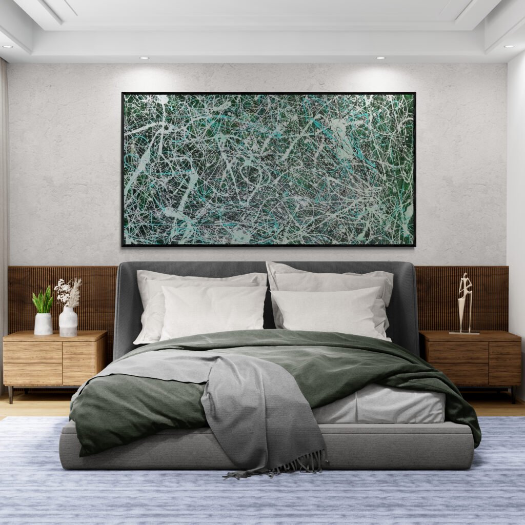 Jackson Pollock-inspired 'Number 35' in green tones elegantly positioned above a modern bed with complementary earthy decor