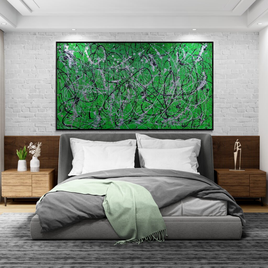 Number 18, Jackson Pollock Style Green Abstract Canvas adorning a modern bedroom with spotlights and minimalist decor