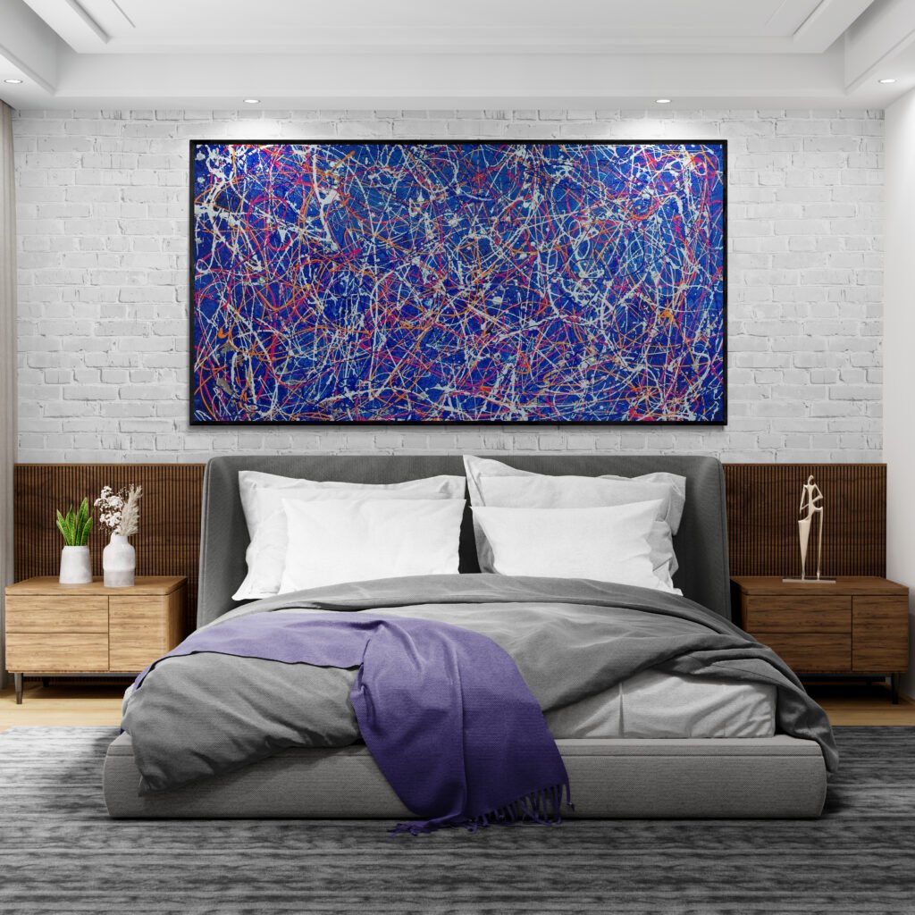 Artwork 'Number 52' hanging above a minimalist bed in a chic bedroom with spotlights and textured walls