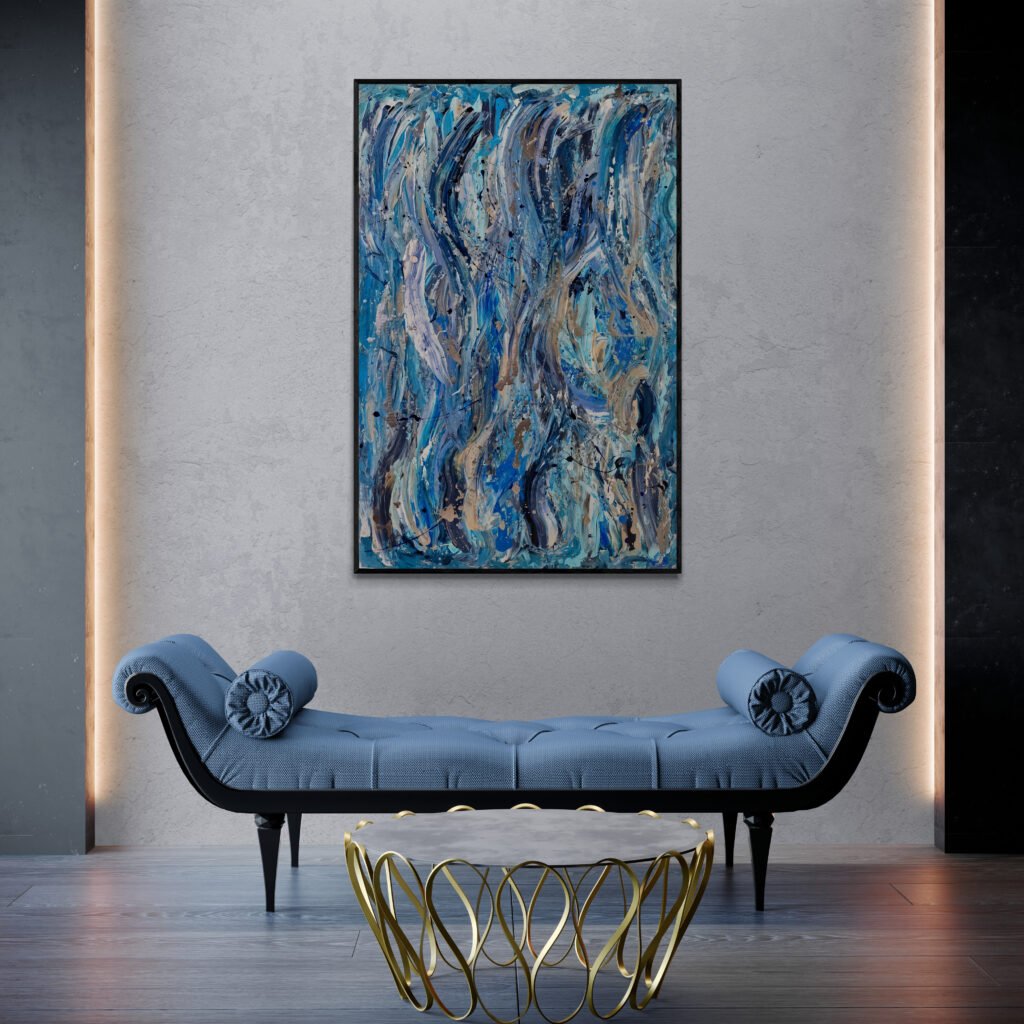 Atlantis abstract canvas hanging on a feature wall with a luxurious sofa bench in a refined and modern interior