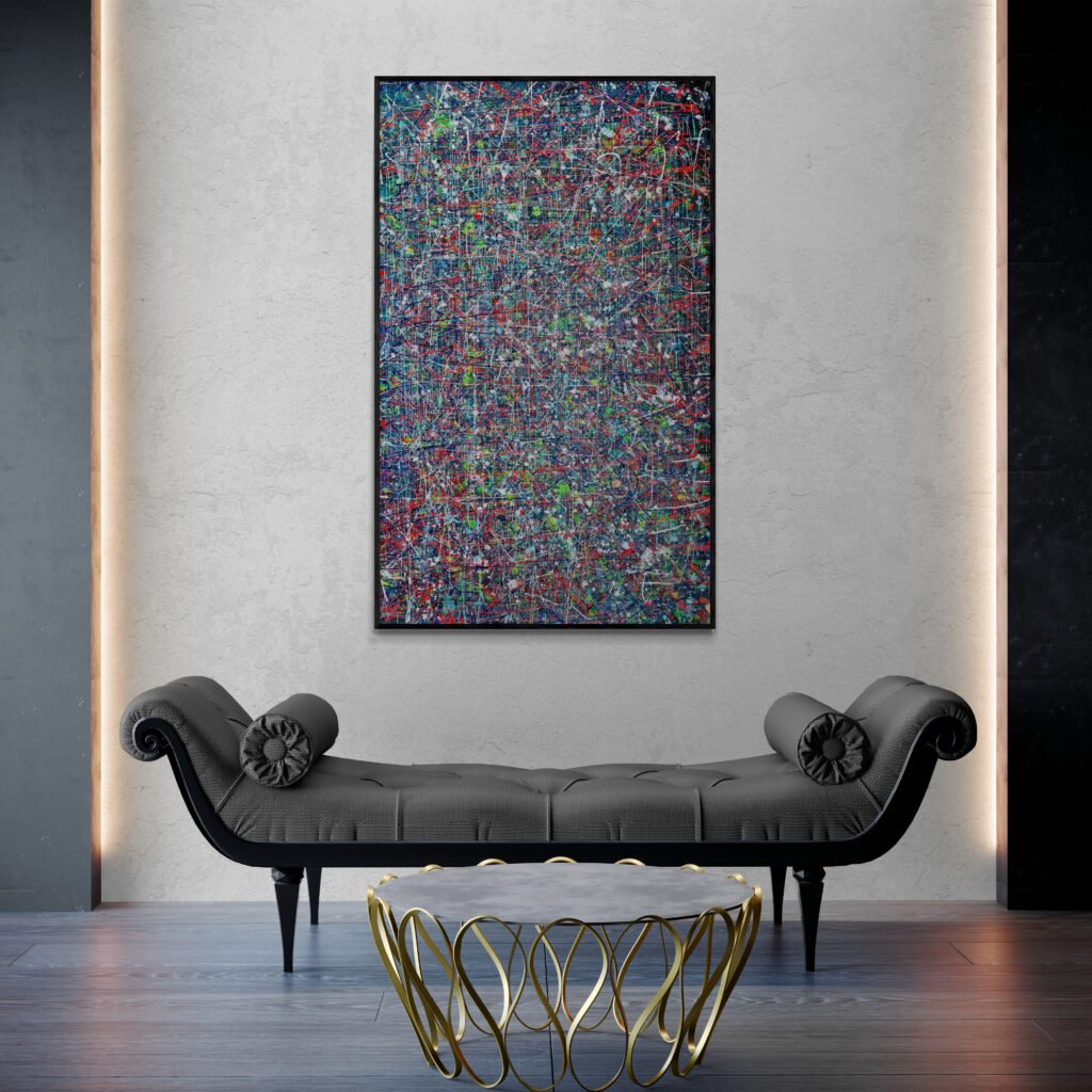 artwork hanging in a gallery-like space with a luxurious sofa bench, highlighting its bold Pollock-style strokes and vibrant splashes