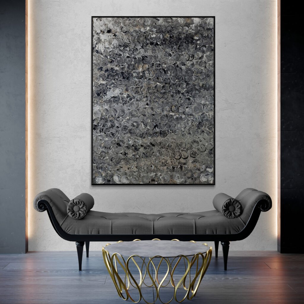 Abstract canvas hanging on a feature wall with a luxurious sofa bench in an elegant living space