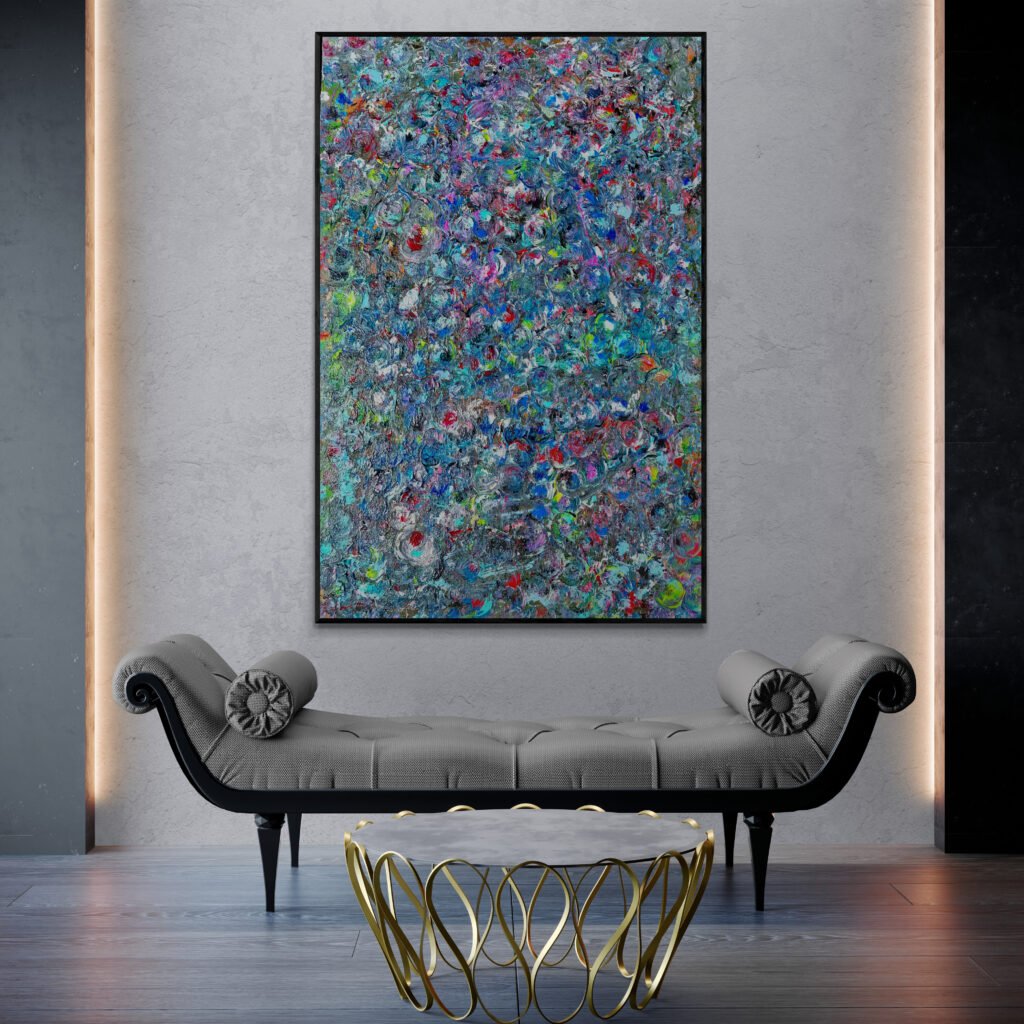 Balk abstract painting showcased on a feature wall in a sophisticated living space with a luxurious sofa bench