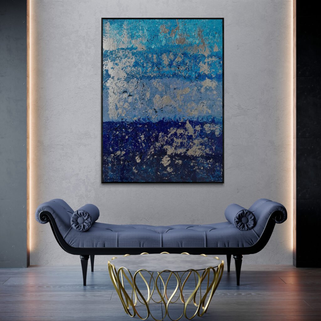 Blur abstract painting showcased on a feature wall in an elegant living space with a luxurious sofa bench