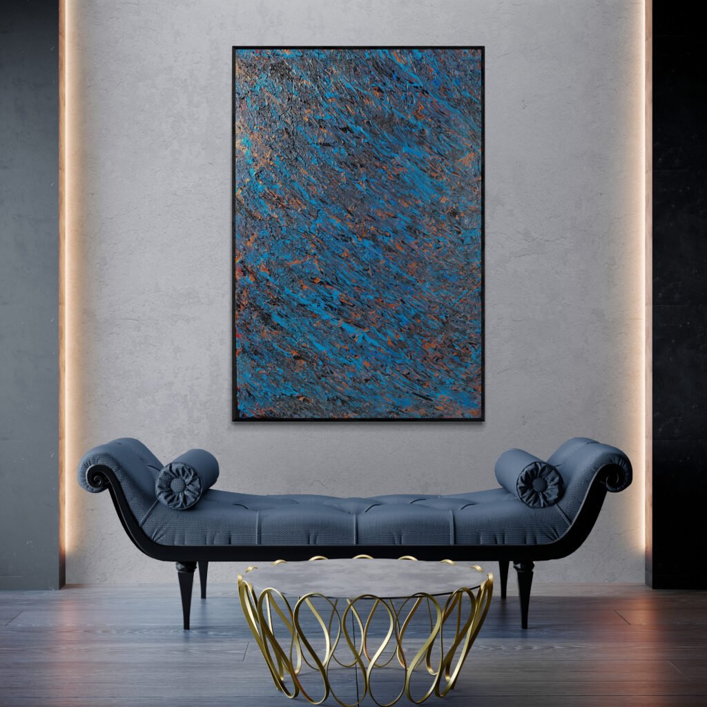 Kobalter abstract painting accentuating a sophisticated room with a dark chaise lounge and golden table centerpiece