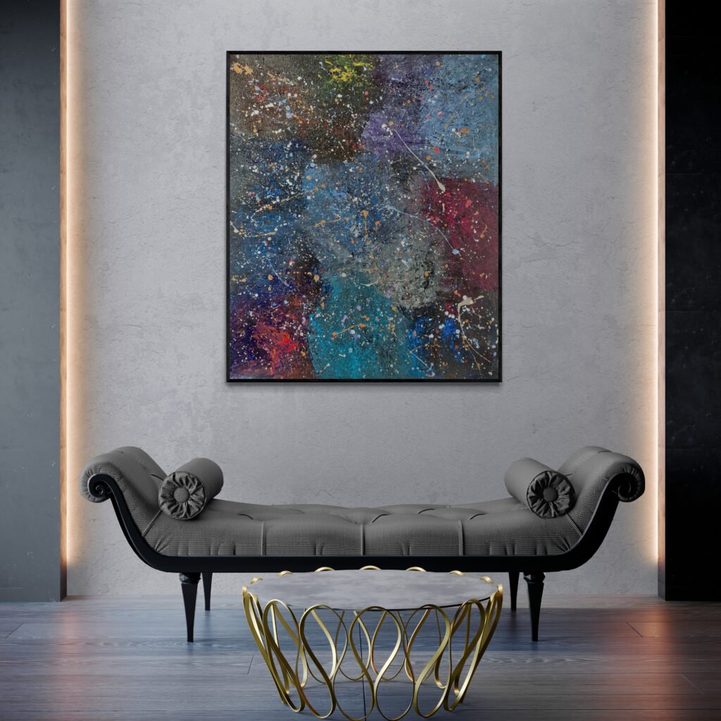 Nebula: Abstract Canvas with vibrant colors hanging above a sophisticated chaise lounge in a room with modern accents and ambient lighting