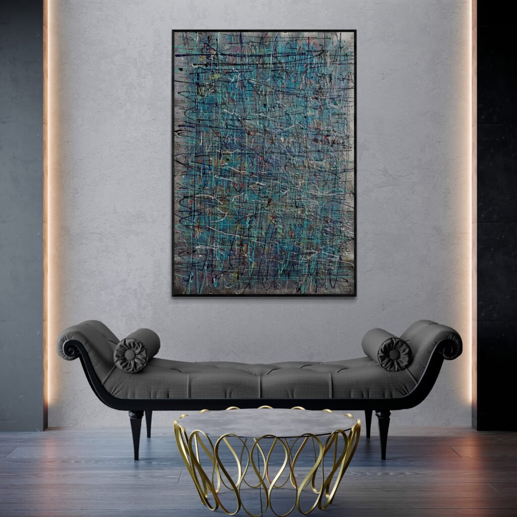 Sophisticated gallery wall with 'Snowkrom' Jackson Pollock Style Canvas in shades of blue, teal, and gray, perfectly complementing modern decor