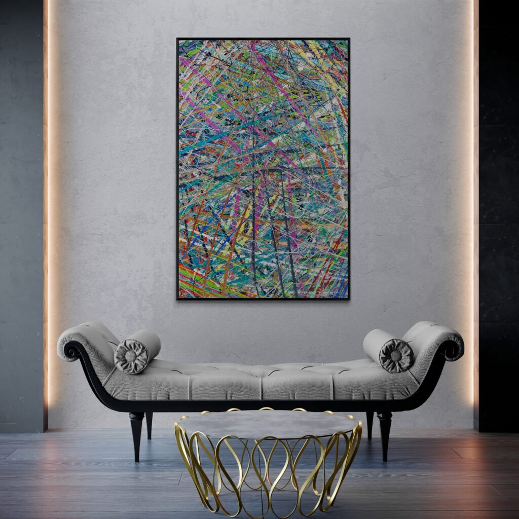 Free' abstract painting featured on a stylish wall with geometric patterns, creating a bold statement above a modern sofa bench