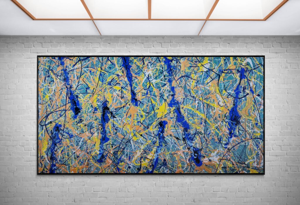 Number 11 – Jackson Pollock-inspired abstract art displayed on an illuminated gallery wall, showcasing bold colors and intricate textures