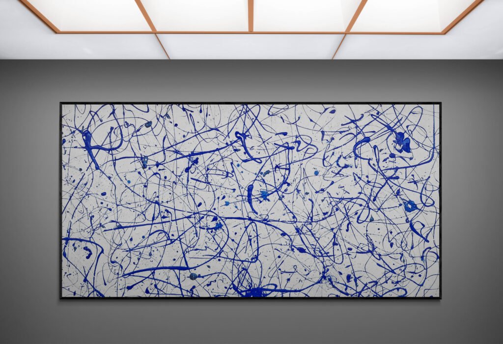 Jackson Pollock-inspired canvas "Number 5" displayed in a brightly lit gallery, showcasing its bold textures and colors