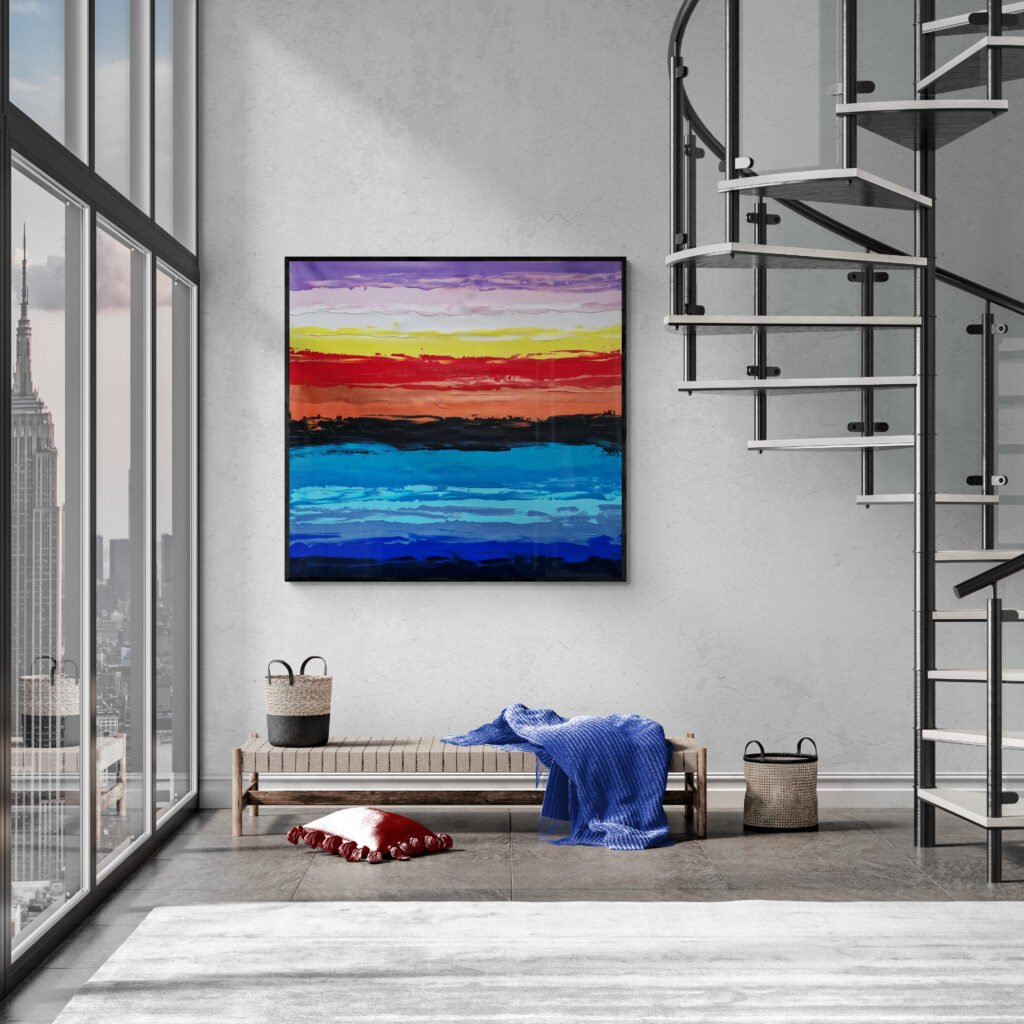 The M21 painting brightens an industrial-style sunlit room with modern furnishings and a spiral staircase, adding a burst of color