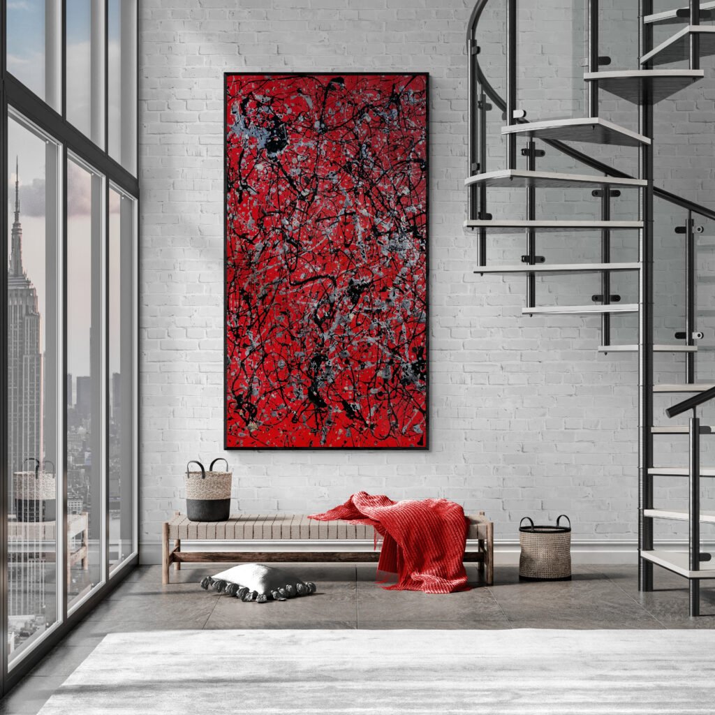 Number 12 Jackson Pollock-inspired red abstract canvas displayed in an industrial-style living room with a spiral staircase and large windows overlooking a cityscape