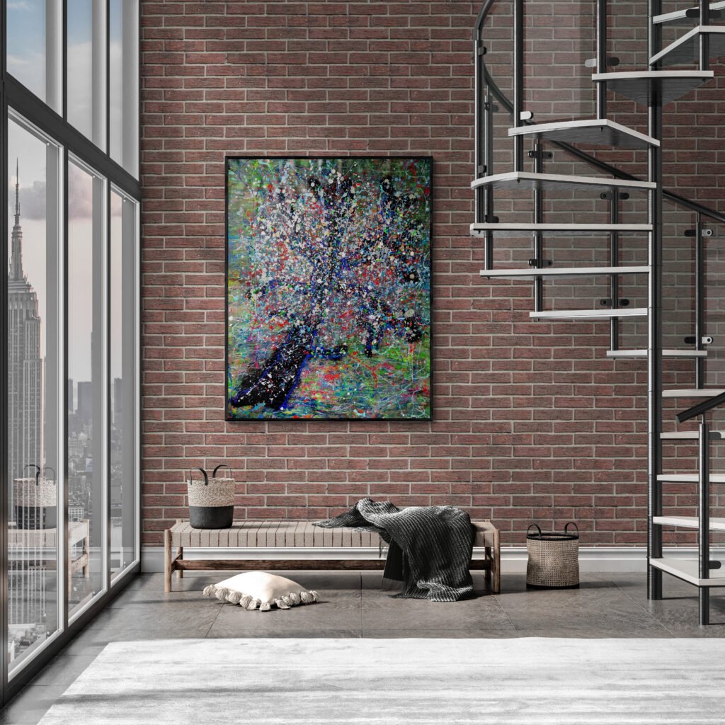 Treek: Vibrant Jackson Pollock Style Tree Artwork showcased in an industrial-style living room with a brick wall and spiral staircase