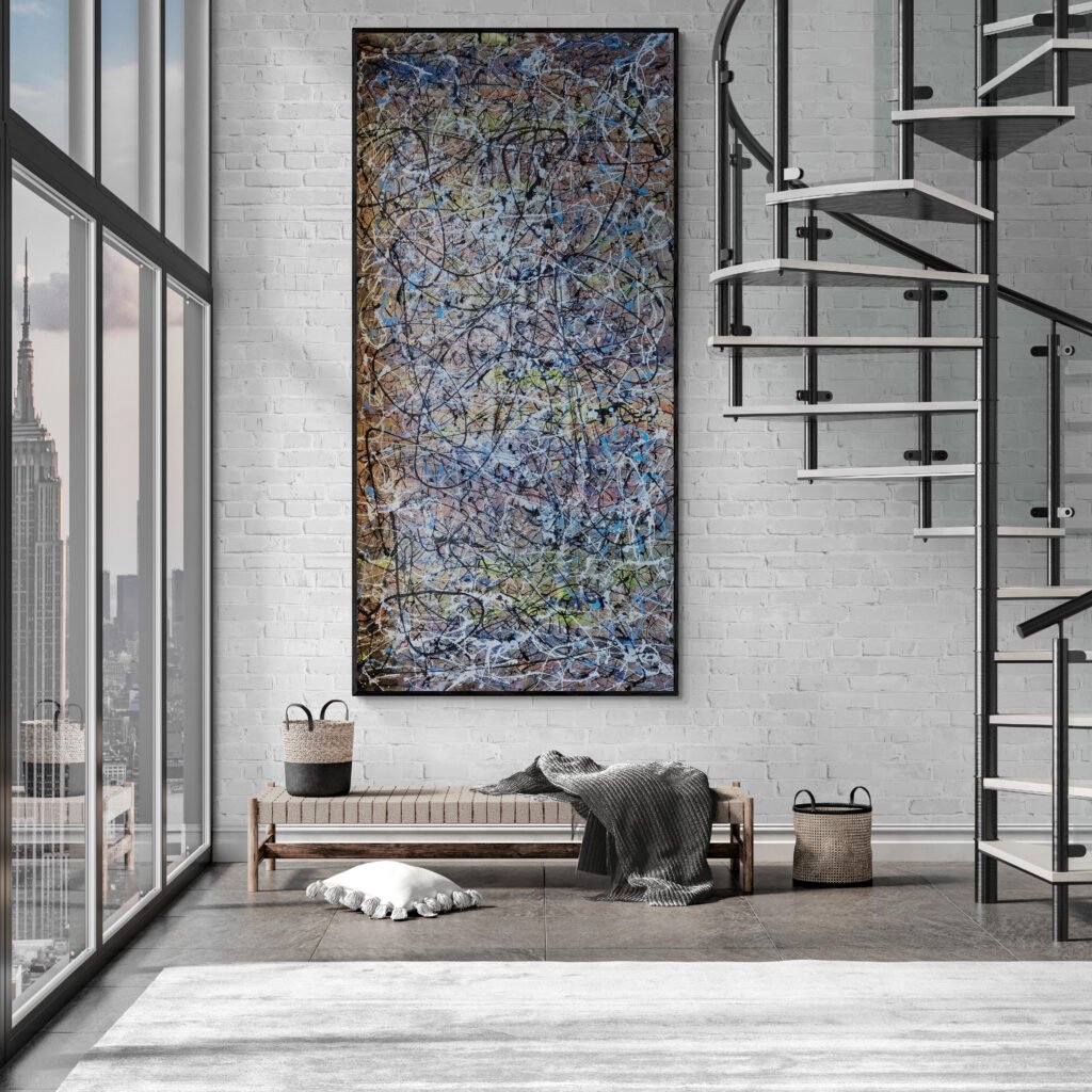 Number 136 - Multicolor abstract painting displayed in a modern industrial-style interior with a spiral staircase and large windows overlooking a cityscape