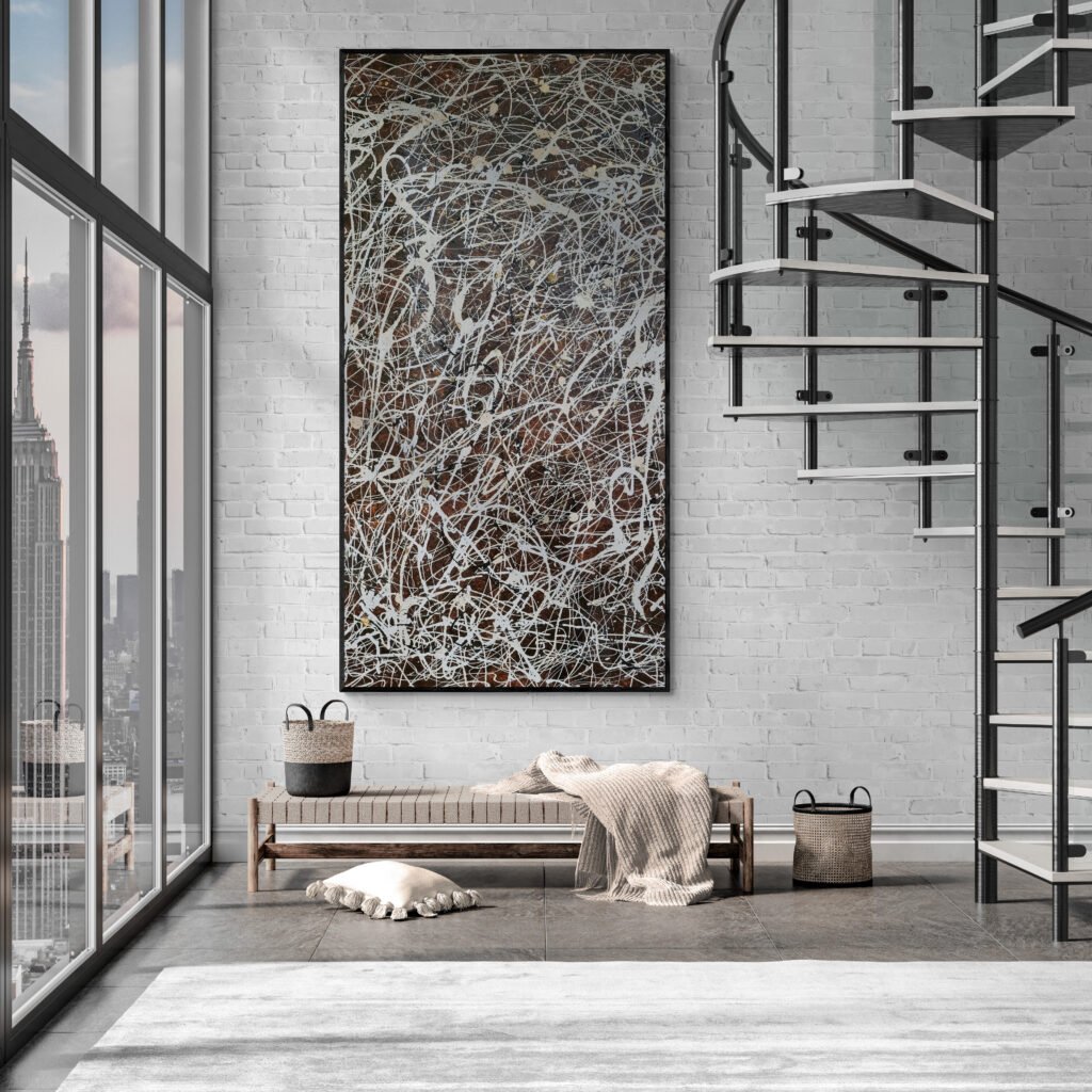 Number 15 – Bold Jackson Pollock Style Canvas displayed in an industrial-style living room with a spiral staircase and large city-view windows