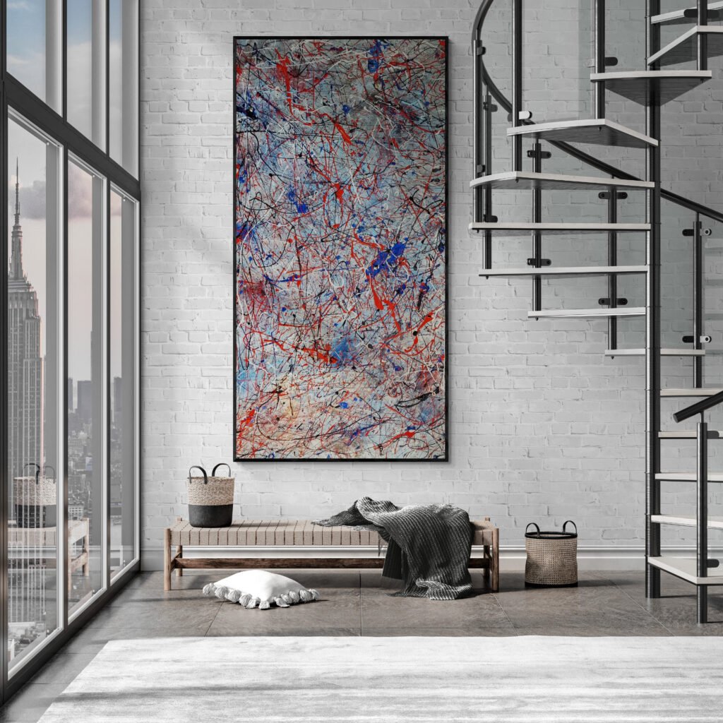 Number 20, Jackson Pollock Inspired Red and Blue Abstract Canvas in an industrial-style living room with a spiral staircase and city views