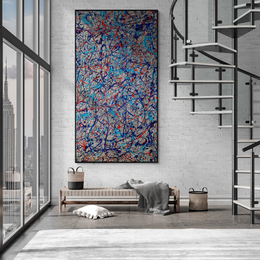 Number 21 – Jackson Pollock Style abstract painting showcasing Martini Racing colors in an industrial-style living room with a spiral staircase