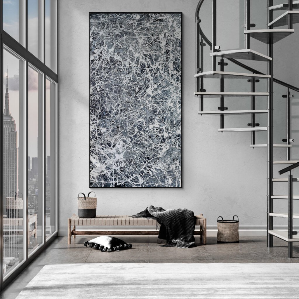 Number 30 - Jackson Pollock Style Monochrome Canvas in an industrial-style room with high ceilings and a spiral staircase, adding an artistic contrast to the urban ambiance