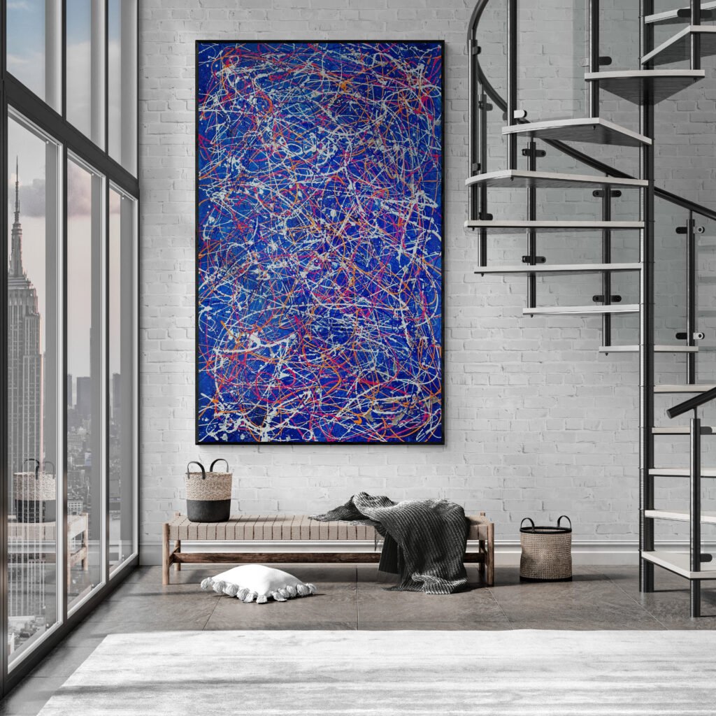 The dynamic piece 'Number 52' showcased in an industrial living room with a spiral staircase and city views