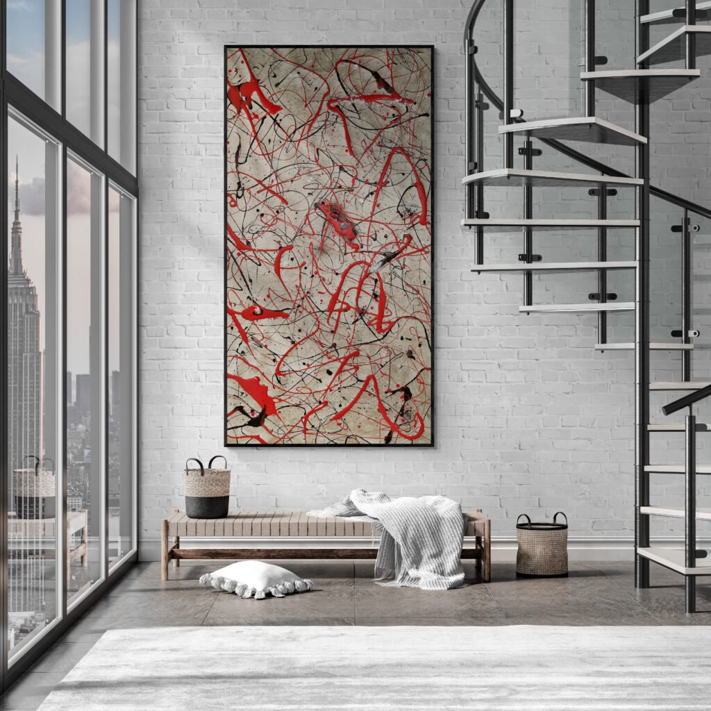 Number 72' artwork presented in a modern industrial living room with high ceilings, a spiral staircase, and natural light pouring through expansive windows overlooking the city