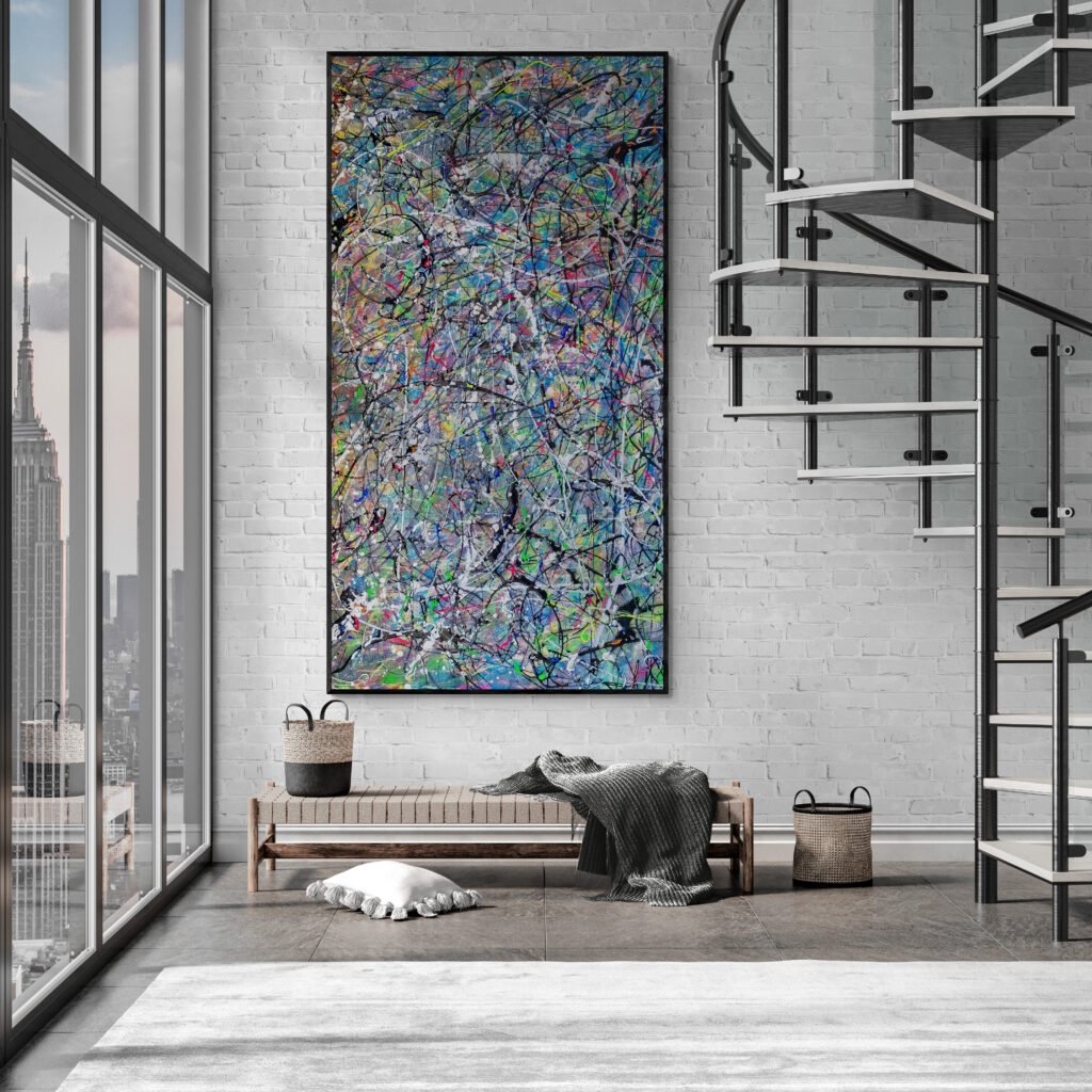 Number 90 - Stunning Canvas in a Loft-Style Living Room: A colorful abstract painting in Pollock's energetic style, displayed vertically in a modern loft with a spiral staircase and large windows overlooking a city skyline