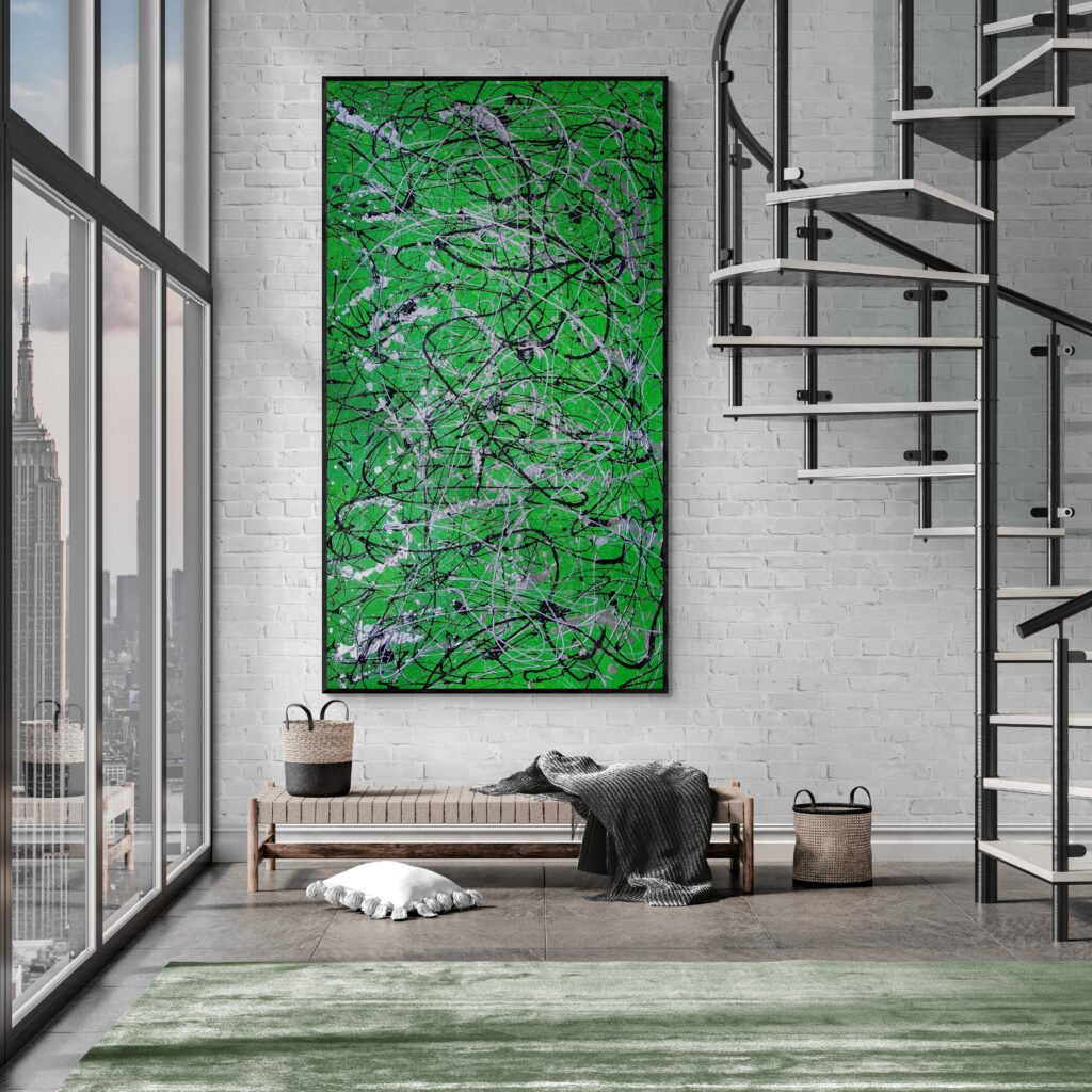 "Number 18, Jackson Pollock Style Green Abstract Canvas displayed in an industrial-style living room with a spiral staircase and city views