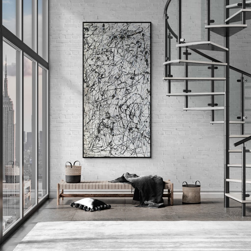 Number 7, monochrome abstract canvas art in Jackson Pollock Style, creating a striking focal point in an industrial-style living room with a staircase