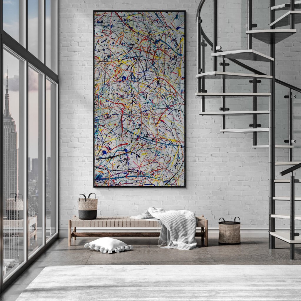 Abstract artwork Number 23 in Jackson Pollock style placed in an industrial-style living room with a metal staircase