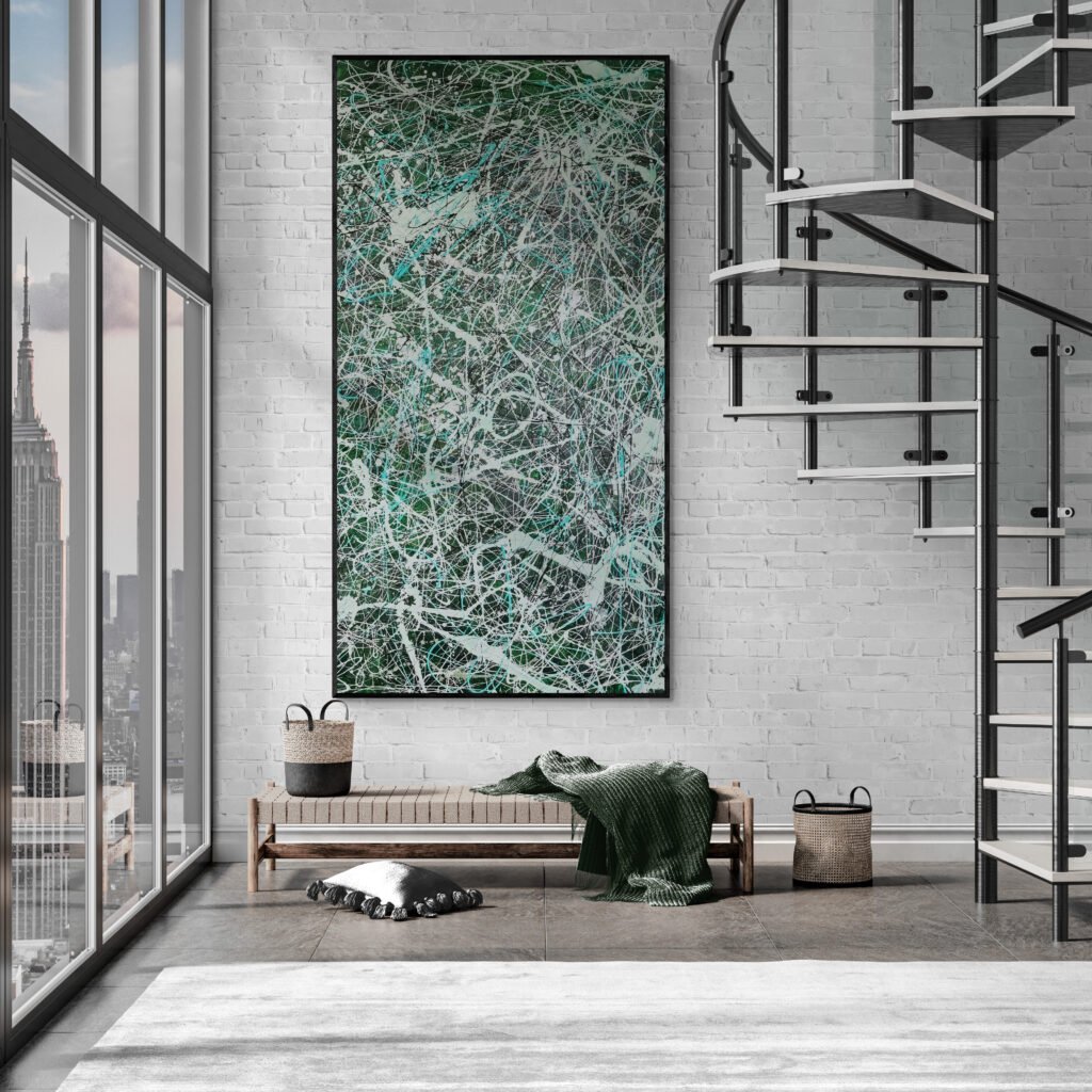 The 'Number 35' abstract green painting enhancing an industrial-style room with a spiral staircase and a city view in the background