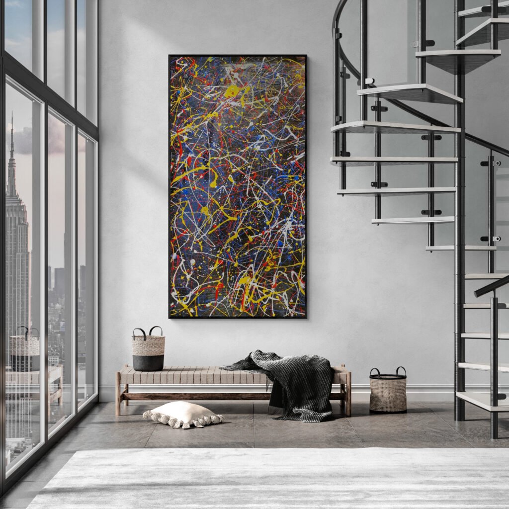 Number 45 – Colorful abstract art featured in an industrial-style living room with a staircase and panoramic windows overlooking the city skyline