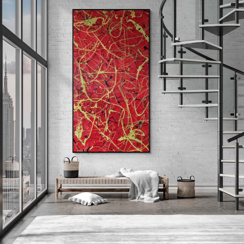 Red and yellow Jackson Pollock Style masterpiece, Number 13, showcased in an industrial-style living room with spiral staircase