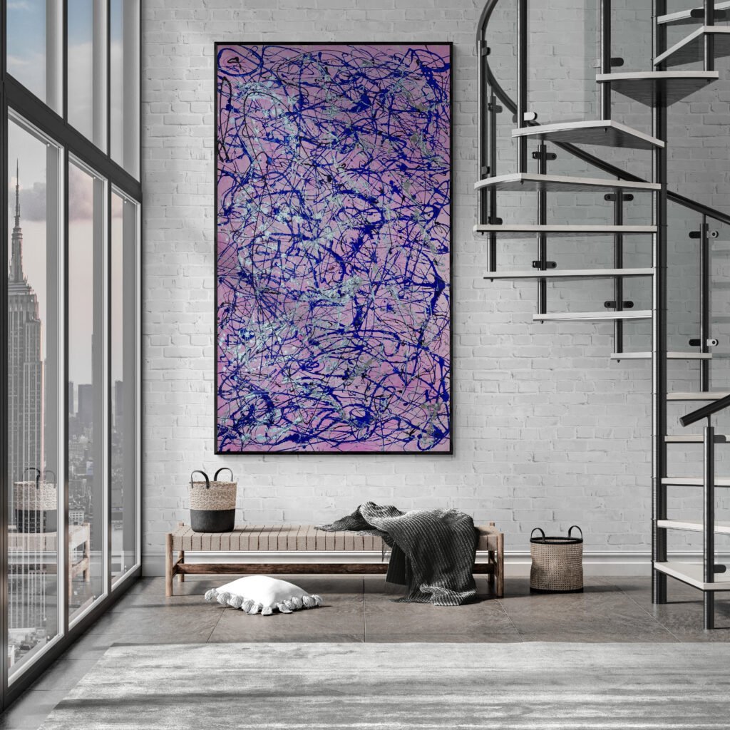 Number 29 – Jackson Pollock Style Pink Abstract Canvas accentuating an industrial-style living room with a spiral staircase and exposed brick walls