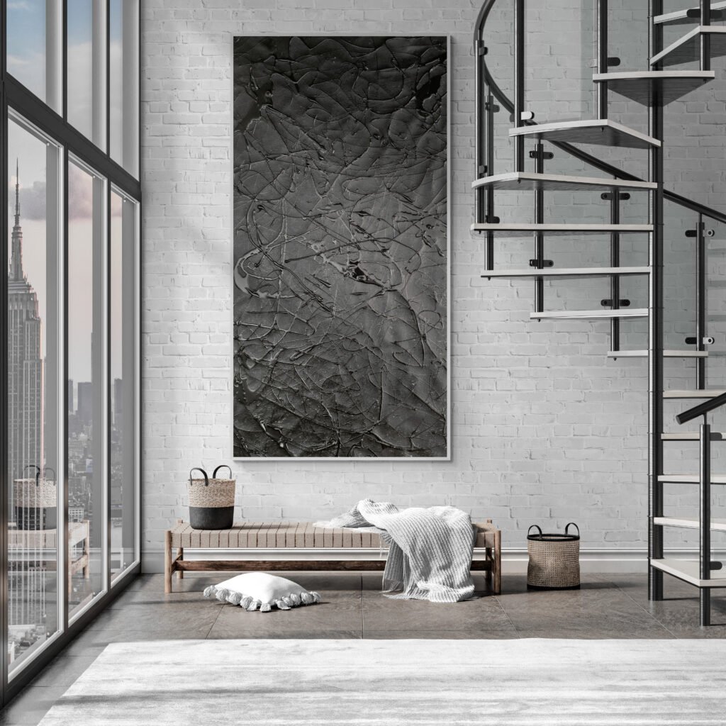 Number 00 – Limited-edition Black Abstract Artwork beautifully showcased in an industrial-style living room with a spiral staircase and a view of New York City