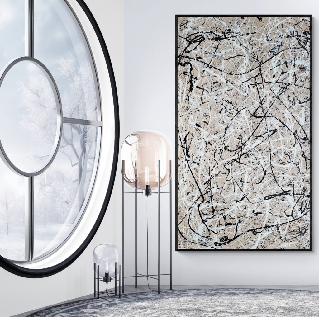 Number 4 – Jackson Pollock Style Soft Sand canvas framed by a large round window and modern lighting