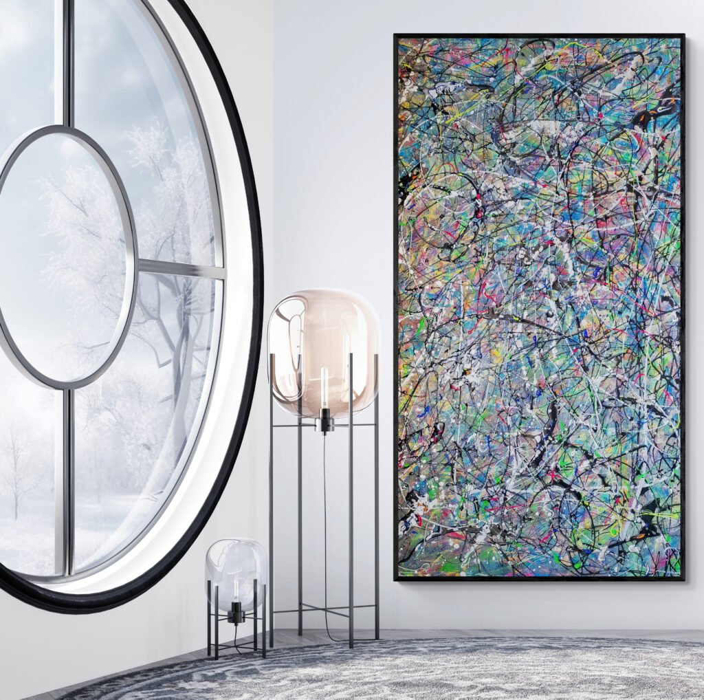 Number 90 - Abstract Art in a Modern Sunroom: A tall, colorful abstract painting with Pollock-inspired energetic strokes, placed in a bright sunroom with a round window showcasing a snowy landscape and modern floor lamps nearby