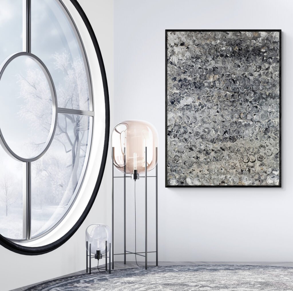 Argent abstract canvas displayed in a modern room with a round window and winter landscape views, creating a serene atmosphere