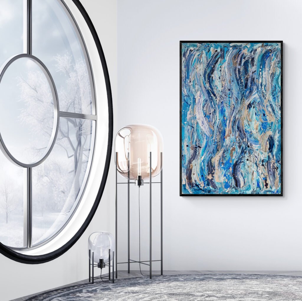 Atlantis abstract canvas displayed in a modern room with a round window and winter landscape views, adding a serene yet artistic touch