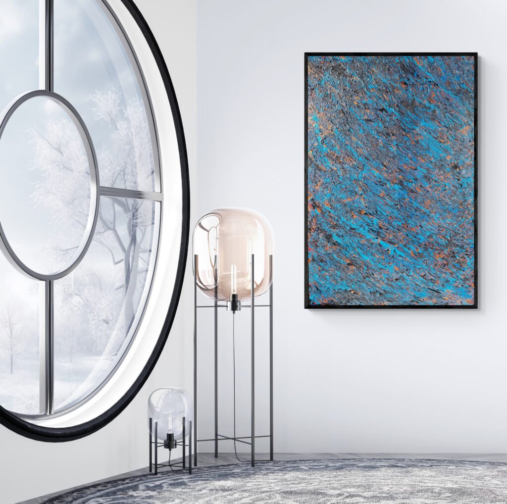 Kobalter abstract painting in cobalt blue, black, and copper, elegantly placed in a modern room with a round window and contemporary lighting fixtures